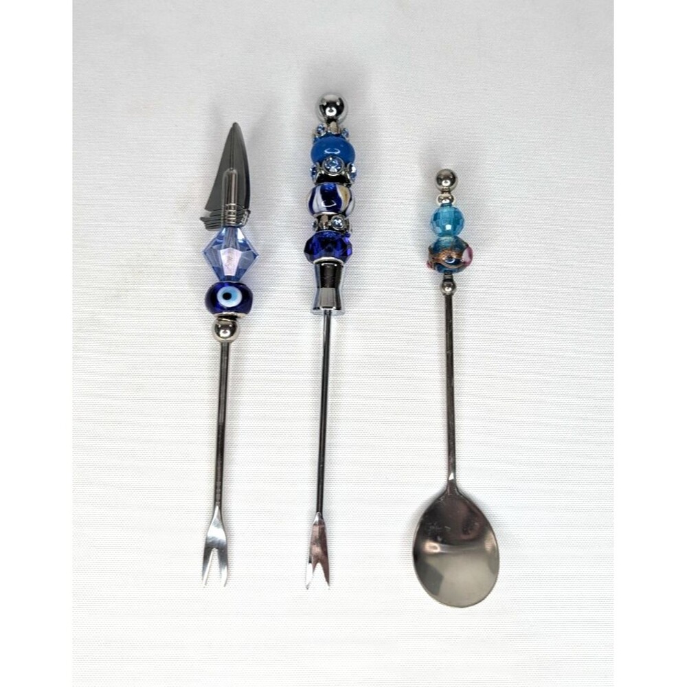 2 Long Handle Forks  & Jelly Spoon - Silver, Beaded, New, Gift